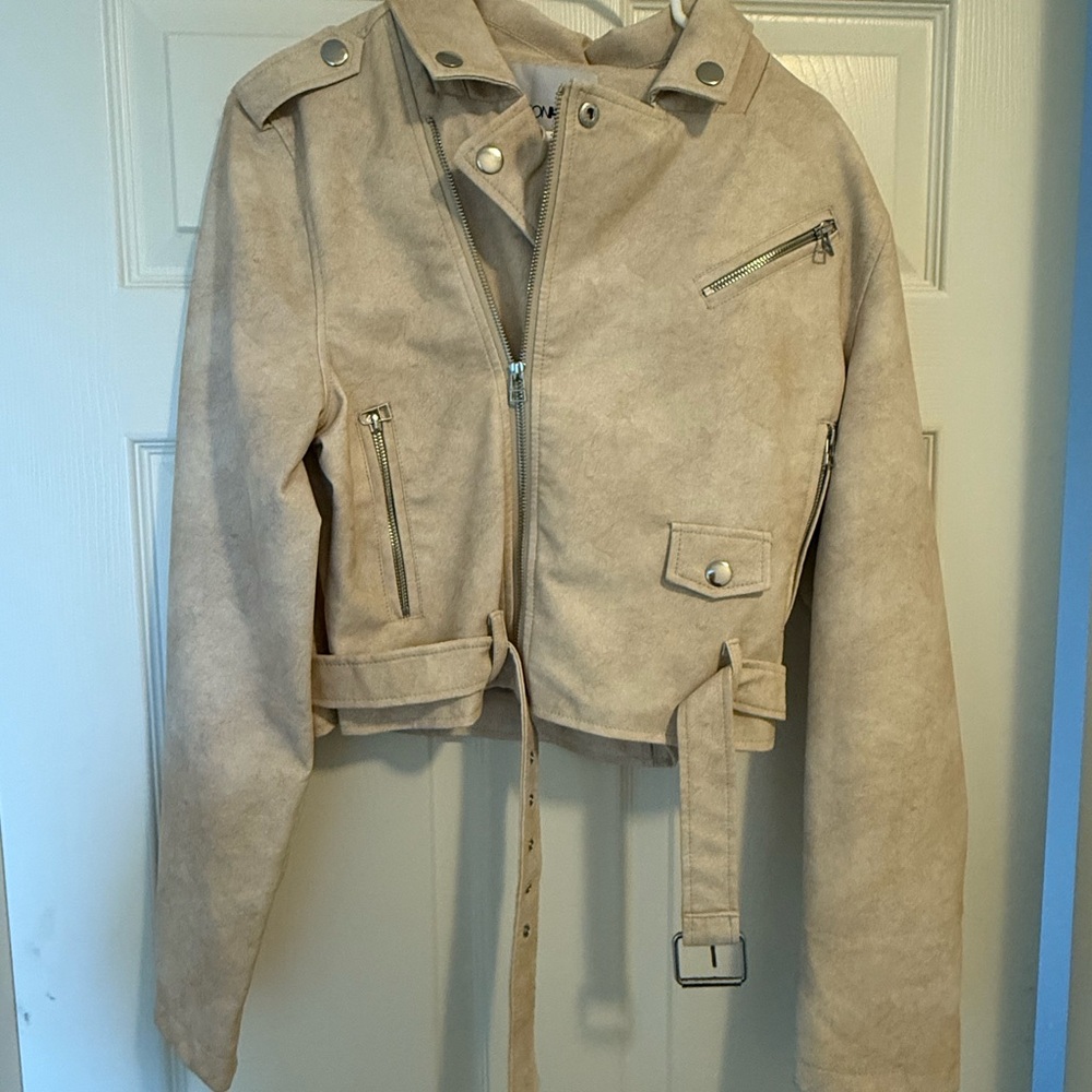 Beige Cropped Moto Jacket